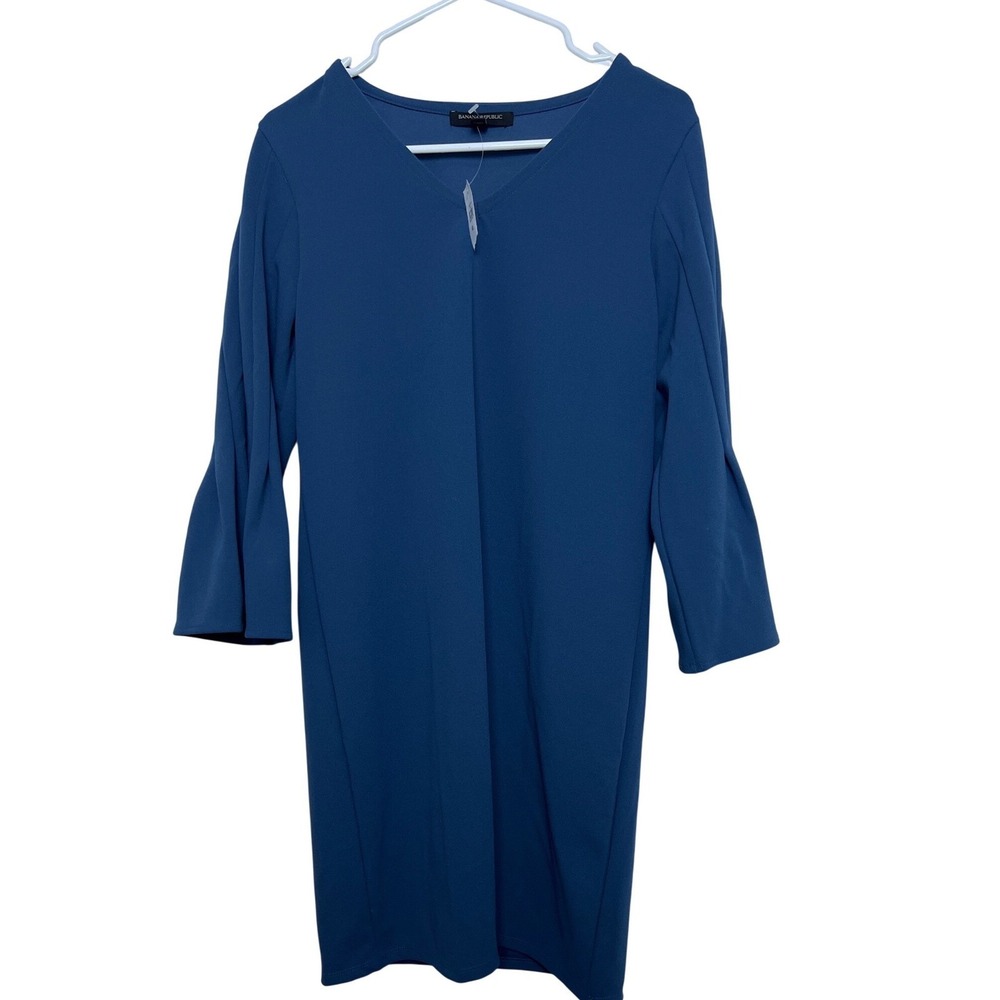 Banana Republic Factory Blue Pleated Bell Sleeve V-Neck Shift Dress XS NEW Caree